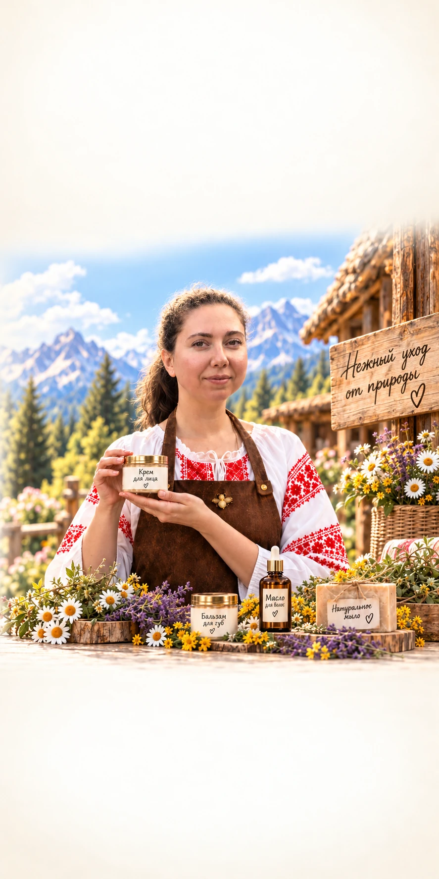 Мастерица в вышитой рубашке и фартуке держит баночку крема для лица; на столе масло для лица, бальзам для губ, натуральное мыло и полевые цветы, за спиной альпийский луг и горы