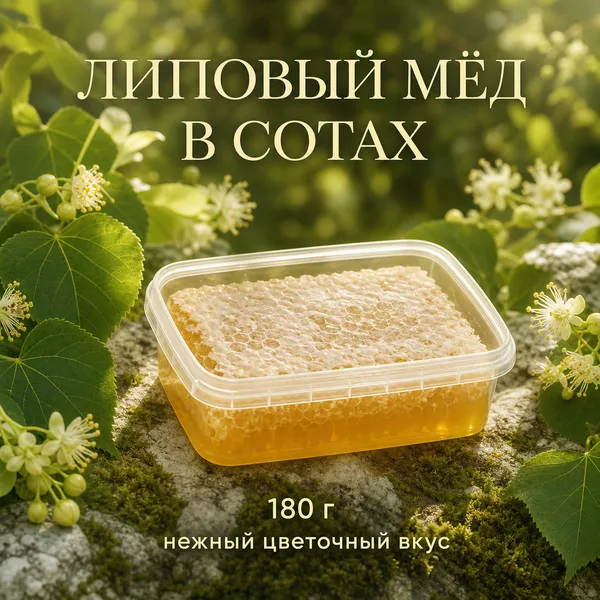 Сотовый мёд липовый в контейнере, 180 г