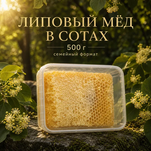 Сотовый мёд липовый в контейнере, 500 г
