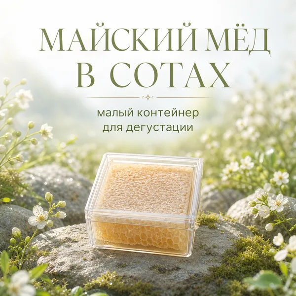 Сотовый мёд майский в малом пластиковом контейнере