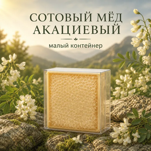 Сотовый мёд акациевый в малом пластиковом контейнере