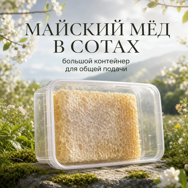 Сотовый мёд майский в большом пластиковом контейнере