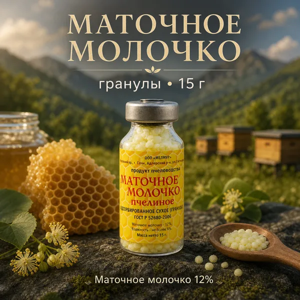 Маточное молочко пчелиное адсорбированное сухое, гранулы 15 г